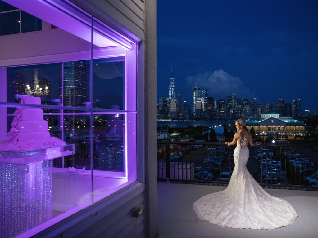 Bride surrounded by the New York skyline at Maritime Parc.